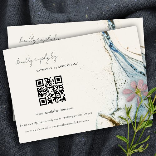 Abstract Blue Gold Beachy Wedding QR Code RSVP Enclosure Card