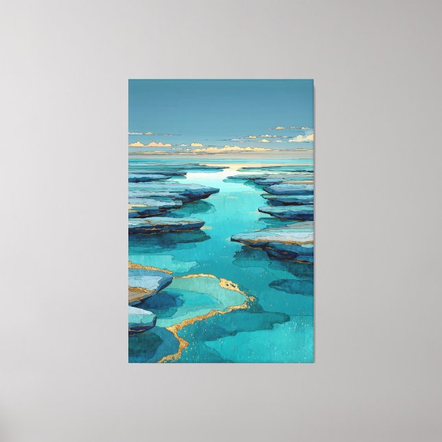 Abstract Blue & Gold | Fluid Coastal Landscape Canvas Print (Front)