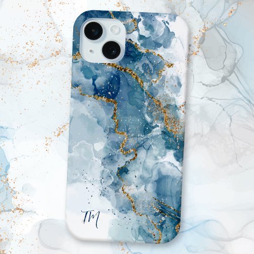 Abstract BlueGold Glitter Alcohol Ink Monogram iPhone 15 Plus Case