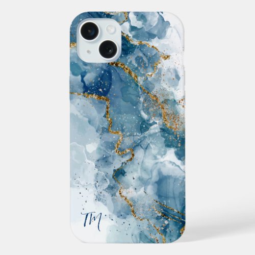 Abstract BlueGold Glitter Alcohol Ink Monogram iPhone 15 Plus Case