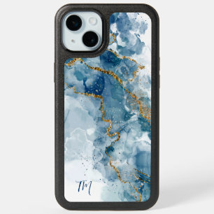 Abstract Blue/Gold Glitter Alcohol Ink Monogram iPhone 15 Plus Case