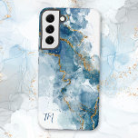 Abstract Blue/Gold Glitter Alcohol Ink Monogram Samsung Galaxy S22  Case<br><div class="desc">Customize this unique and elegant design featuring shades of light and dark alcohol ink splatters with gold faux glitter veins. Includes two-initial monogram text fields.</div>