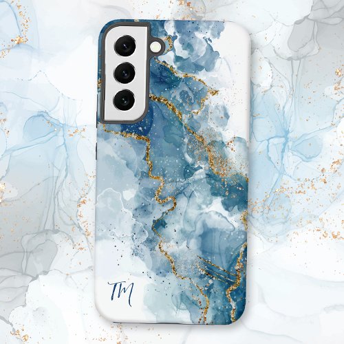Abstract BlueGold Glitter Alcohol Ink Monogram Samsung Galaxy S22 Case