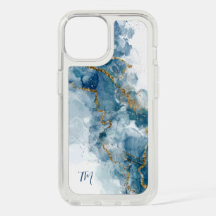 Abstract Blue/Gold Glitter Alcohol Ink Monogram iPhone 15 Case