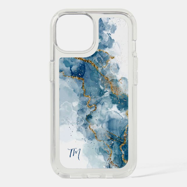 Abstract Blue/Gold Glitter Alcohol Ink Monogram Speck iPhone Case (Front)