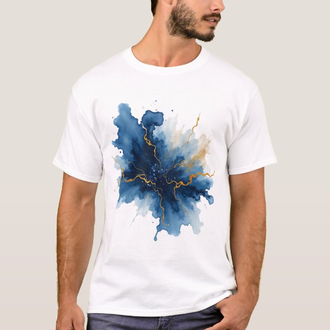 Abstract Blue Gold Ink Splash T-Shirt (Front)