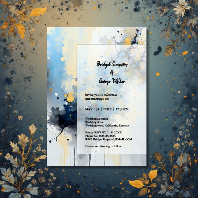 Abstract Blue & Gold Ink Splatter Artwork wedding Invitation (Creator Uploaded)