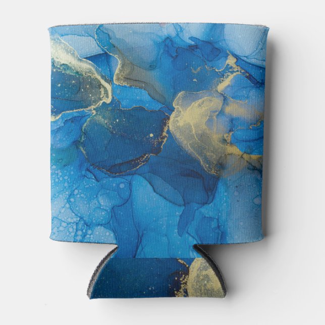 Abstract Blue Gold Marble Texture Can Cooler (Front)