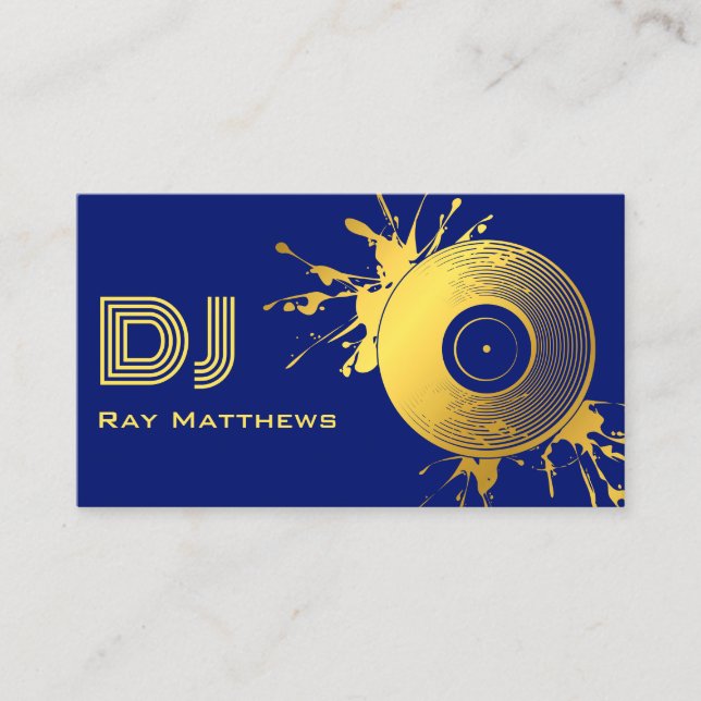 Abstract Blue Gold Music Disc DJ Business Card (Front)