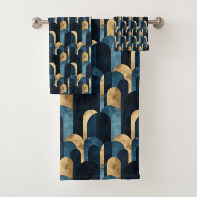 Abstract Blue Gold Navy Bath Towel Set (Insitu)