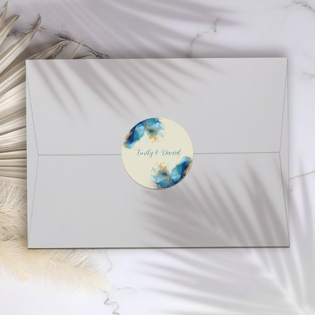 Abstract Blue & Gold Watercolor Wedding Classic Round Sticker (Creator Uploaded)