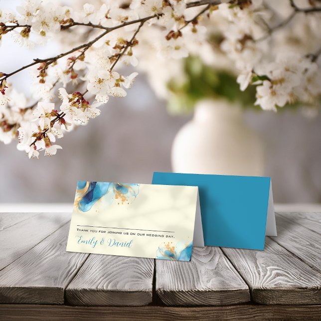 Abstract Blue & Gold Watercolor Wedding Place Card (Creator Uploaded)