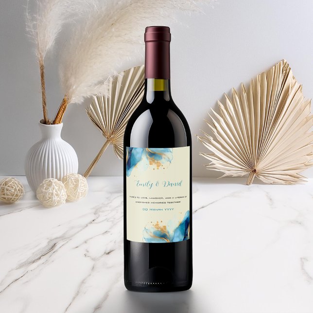 Abstract Blue & Gold Watercolor Wedding Wine Label (Creator Uploaded)