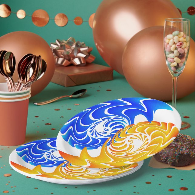 Abstract Blue Gold Yin Yang Fishes Balance Paper Plates (Multi)