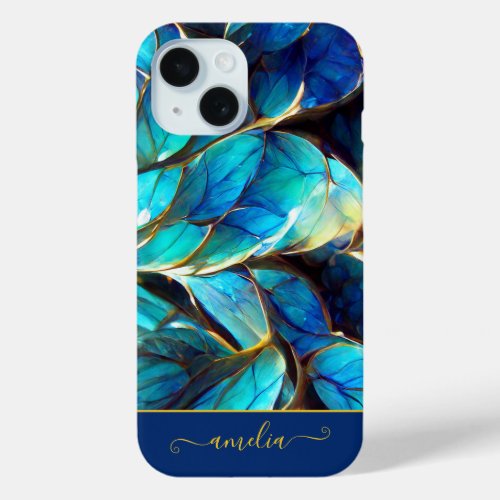 Abstract Blue Gradient Glass Fractal Monogrammed iPhone 15 Case