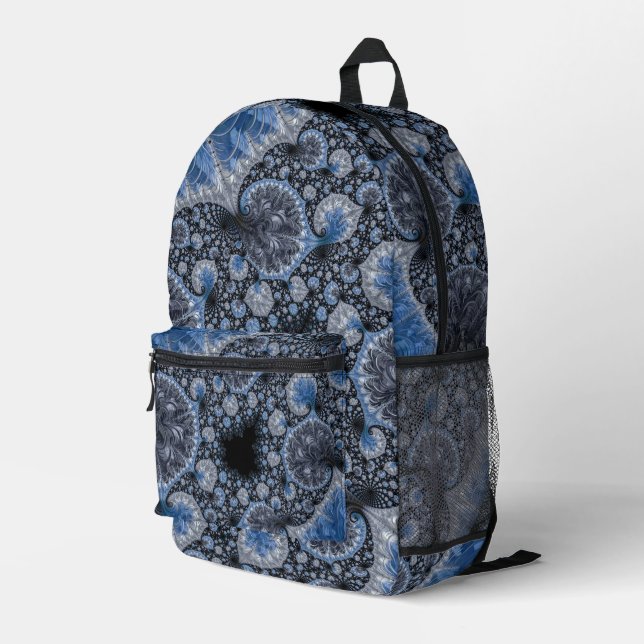 Abstract Blue Gray Black Fractal Printed Backpack (Back Corner Right)
