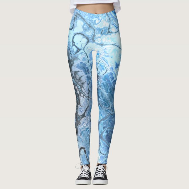 Abstract Blue & Gray Marble Ice Fluid Texture Leggings (Front)