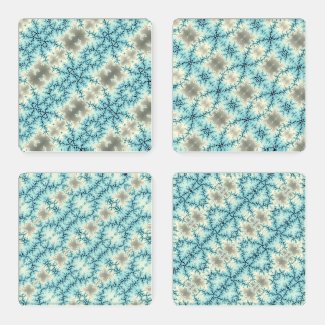 Abstract blue & gray snowflakes geometric pattern coaster set