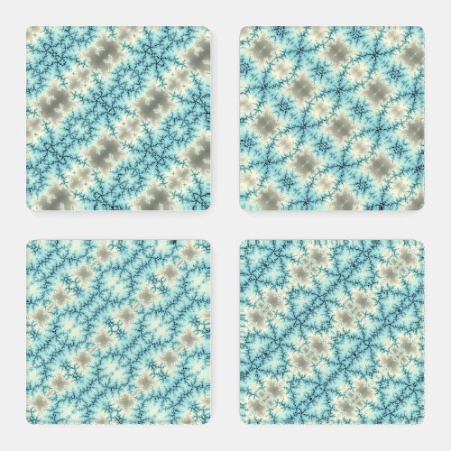 Abstract blue gray snowflakes geometric pattern coaster set