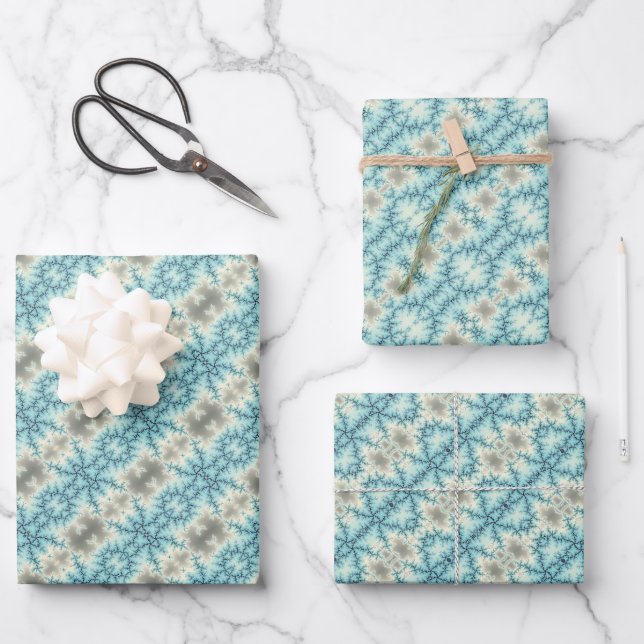 Abstract blue, gray snowflakes geometric pattern wrapping paper sheets (Front)
