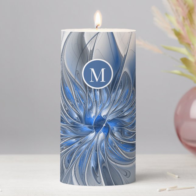 Abstract Blue Gray Watercolor Flower Monogram Pillar Candle (In Situ)