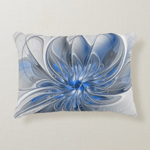 Abstract Blue Gray Watercolor Fractal Art Flower Accent Pillow