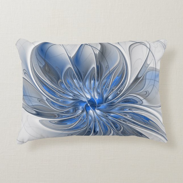 Abstract Blue Gray Watercolor Fractal Art Flower Accent Pillow (Front)