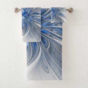 Abstract Blue Gray Watercolor Fractal Art Flower Bath Towel Set