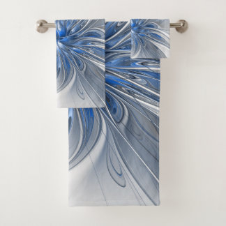Abstract Blue Gray Watercolor Fractal Art Flower Bath Towel Set
