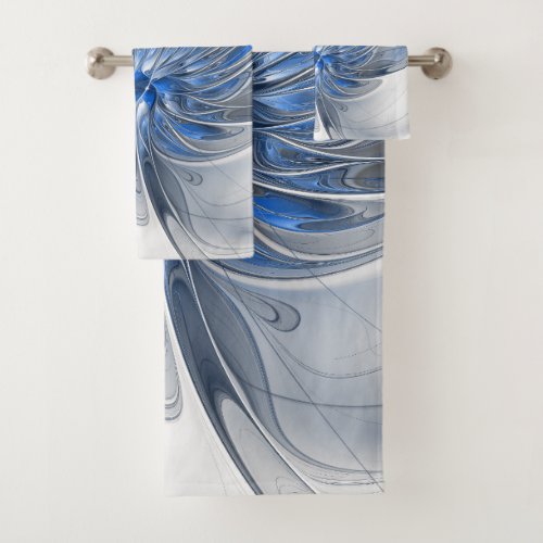 Abstract Blue Gray Watercolor Fractal Art Flower Bath Towel Set