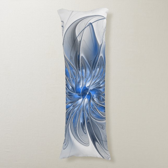 Abstract Blue Gray Watercolor Fractal Art Flower Body Pillow (Front Vertical)