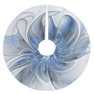 Abstract Blue Gray Watercolor Fractal Art Flower Brushed Polyester Tree Skirt
