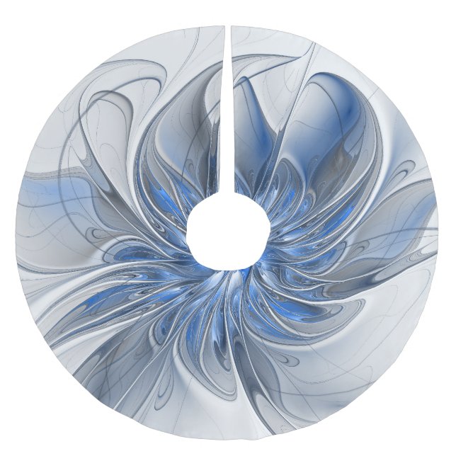 Abstract Blue Gray Watercolor Fractal Art Flower Brushed Polyester Tree Skirt (Front)