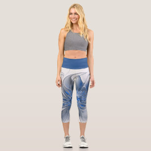 Abstract Blue Gray Watercolor Fractal Art Flower Capri Leggings