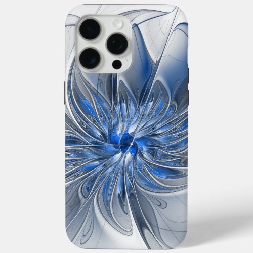 Abstract Blue Gray Watercolor Fractal Art Flower iPhone 15 Pro Max Case