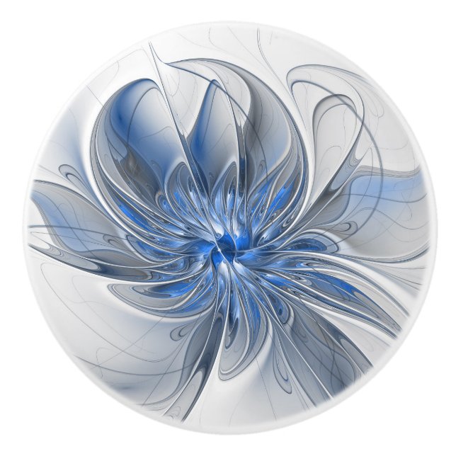 Abstract Blue Gray Watercolor Fractal Art Flower Ceramic Knob (Front)