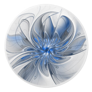 Abstract Blue Gray Watercolor Fractal Art Flower Ceramic Knob
