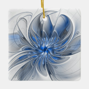 Abstract Blue Gray Watercolor Fractal Art Flower Ceramic Ornament
