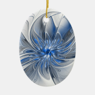 Abstract Blue Gray Watercolor Fractal Art Flower Ceramic Ornament