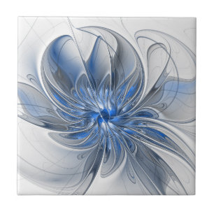 Abstract Blue Gray Watercolor Fractal Art Flower Ceramic Tile