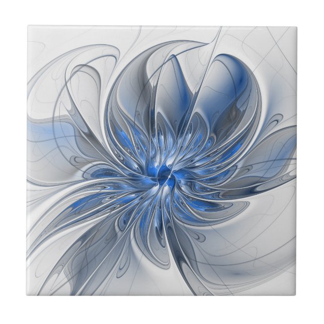Abstract Blue Gray Watercolor Fractal Art Flower Ceramic Tile (Front)