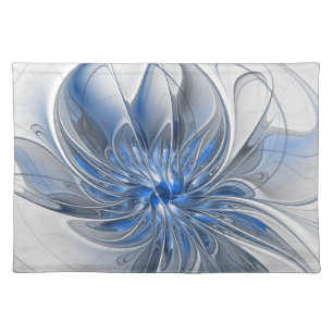 Abstract Blue Gray Watercolor Fractal Art Flower Cloth Placemat