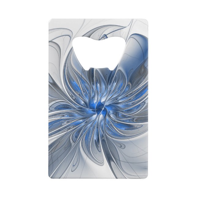 Abstract Blue Gray Watercolor Fractal Art Flower Credit Card Bottle Opener (Front)