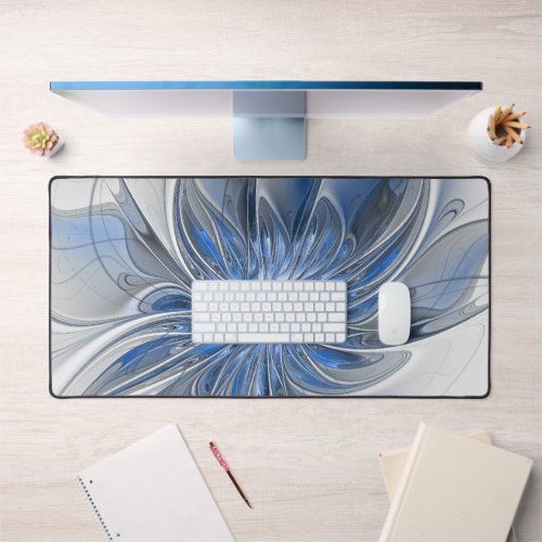 Abstract Blue Gray Watercolor Fractal Art Flower Desk Mat