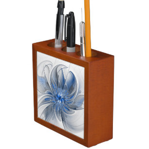 Abstract Blue Gray Watercolor Fractal Art Flower Desk Organizer