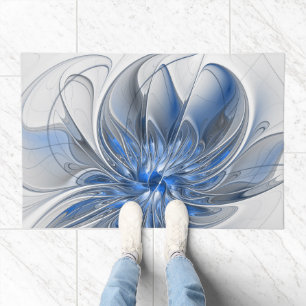 Abstract Blue Gray Watercolor Fractal Art Flower Doormat