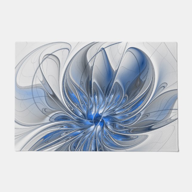 Abstract Blue Gray Watercolor Fractal Art Flower Doormat (Front)