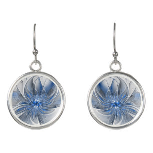 Abstract Blue Gray Watercolor Fractal Art Flower Earrings