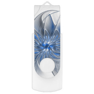 Abstract Blue Gray Watercolor Fractal Art Flower Flash Drive