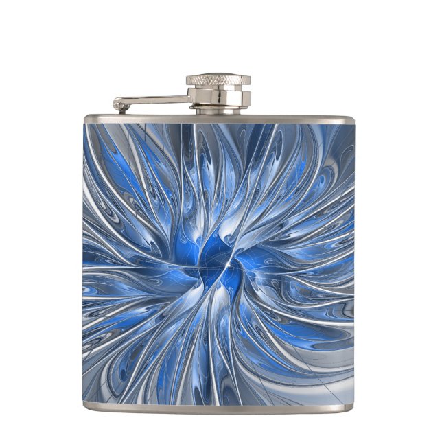 Abstract Blue Gray Watercolor Fractal Art Flower Flask (Front)